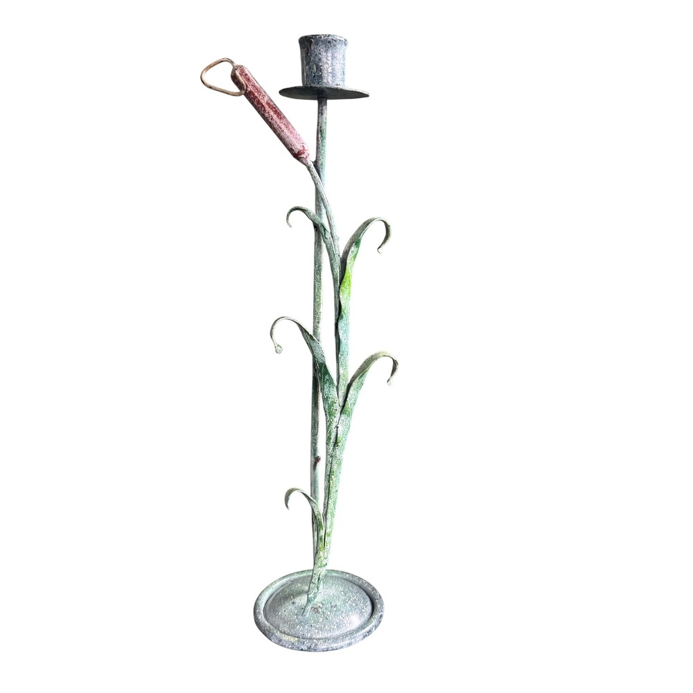 Vintage Metal Cattail Candle Holder Verdigris Rustic Bullrush Nature Decor
